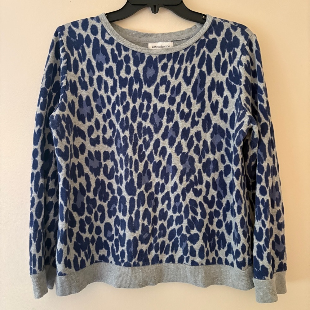 Liz Claiborne Blue Gray Leopard Print Cotton Sweater Medium Crewneck